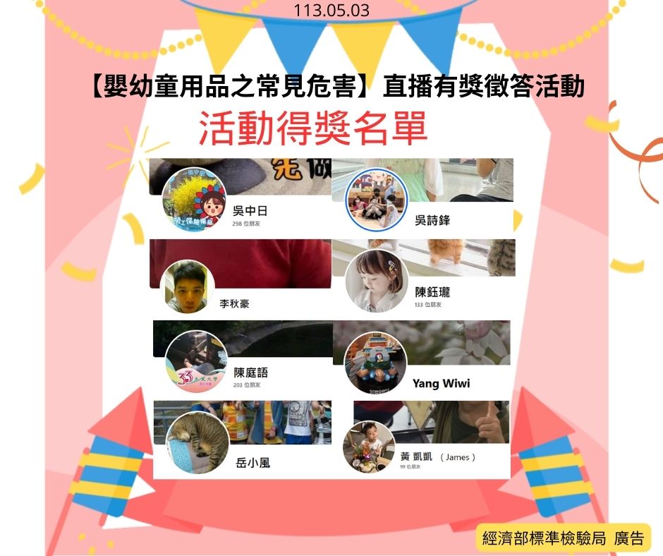 113年5月3日-【嬰幼童用品之常見危害】直播有獎徵答活動開獎!