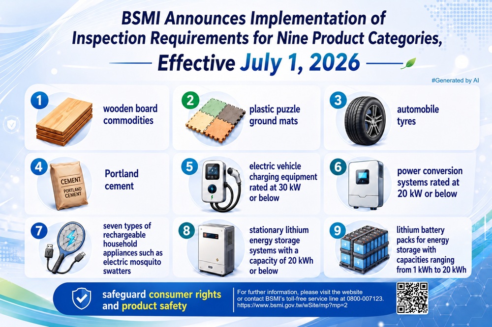 BSMI Announces Implementation of Inspection Requirements for Nine Product Categories, Including Electric Vehicle Charging Equipment, Effective Ju ...