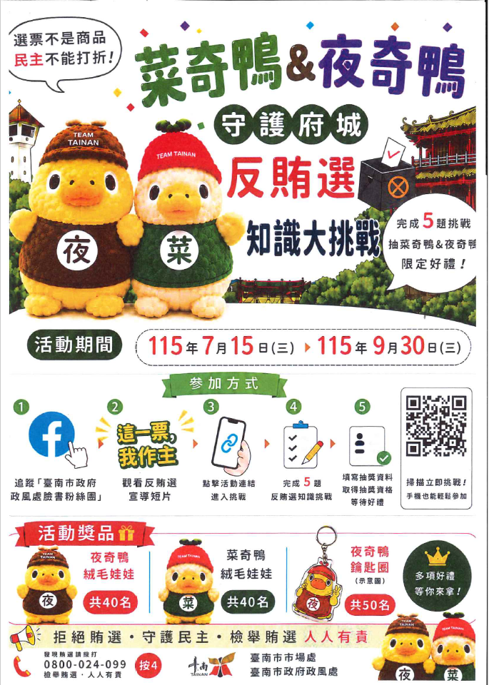 臺南市政府政風處辦理「菜奇鴨＆夜奇鴨守護府城．反賄選知識大挑戰」網路有獎徵答活動，提升全民反賄選意識.png